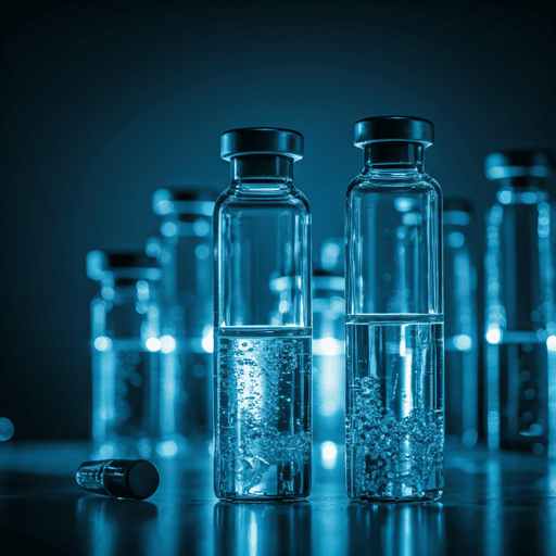 Abstract representation of pharmaceutical research with glass vials and blue lighting reflecting scientific precision